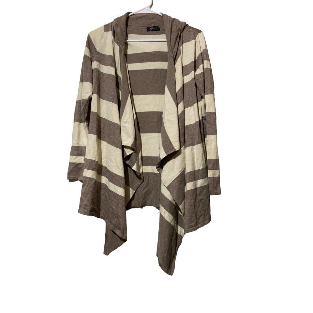 Cyrus Women's White Gray Stripe Lightweight Knit Hooded Cardigan Sz S